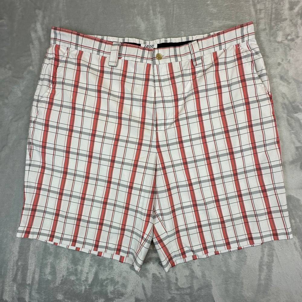 IZOD Shorts Mens 40 White Red PerformX Plaid‎ Golf Performance Flat Front